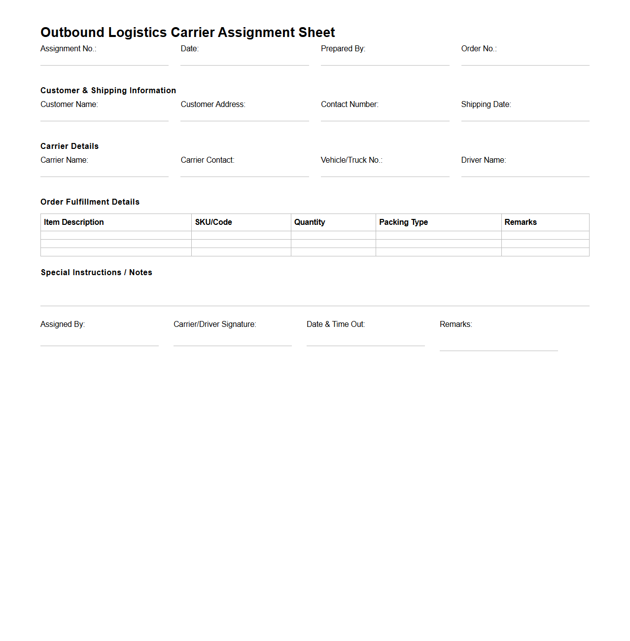 Outbound Logistics Carrier Assignment Sheet Template for Order Fulfillment