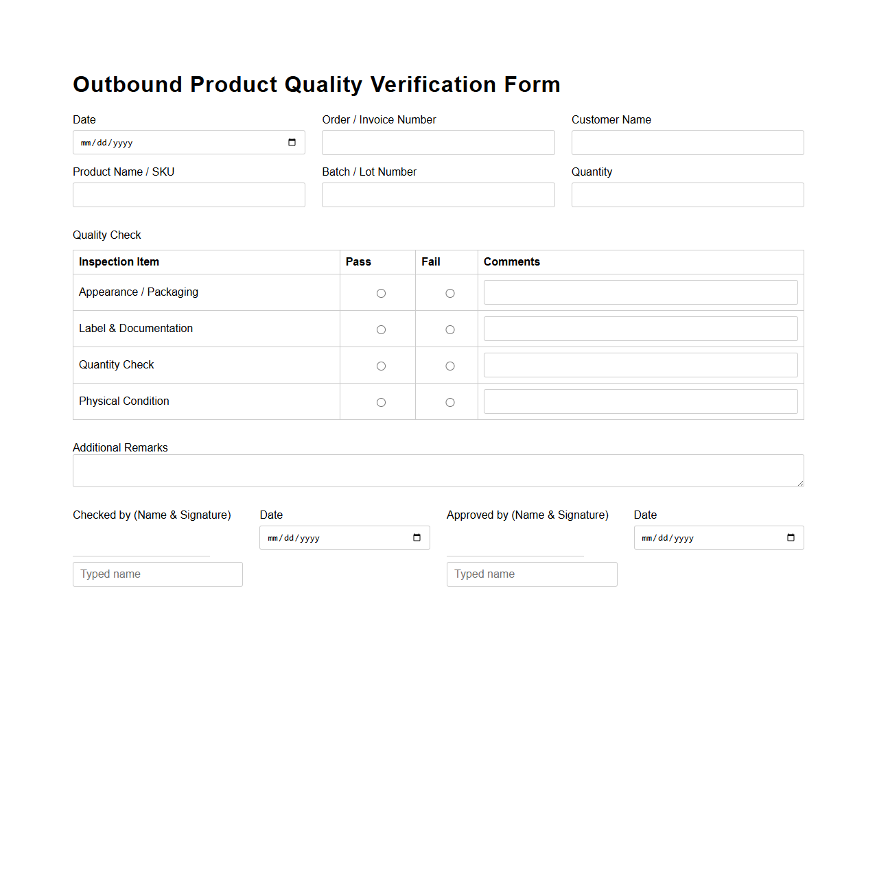 Outbound Product Quality Verification Form