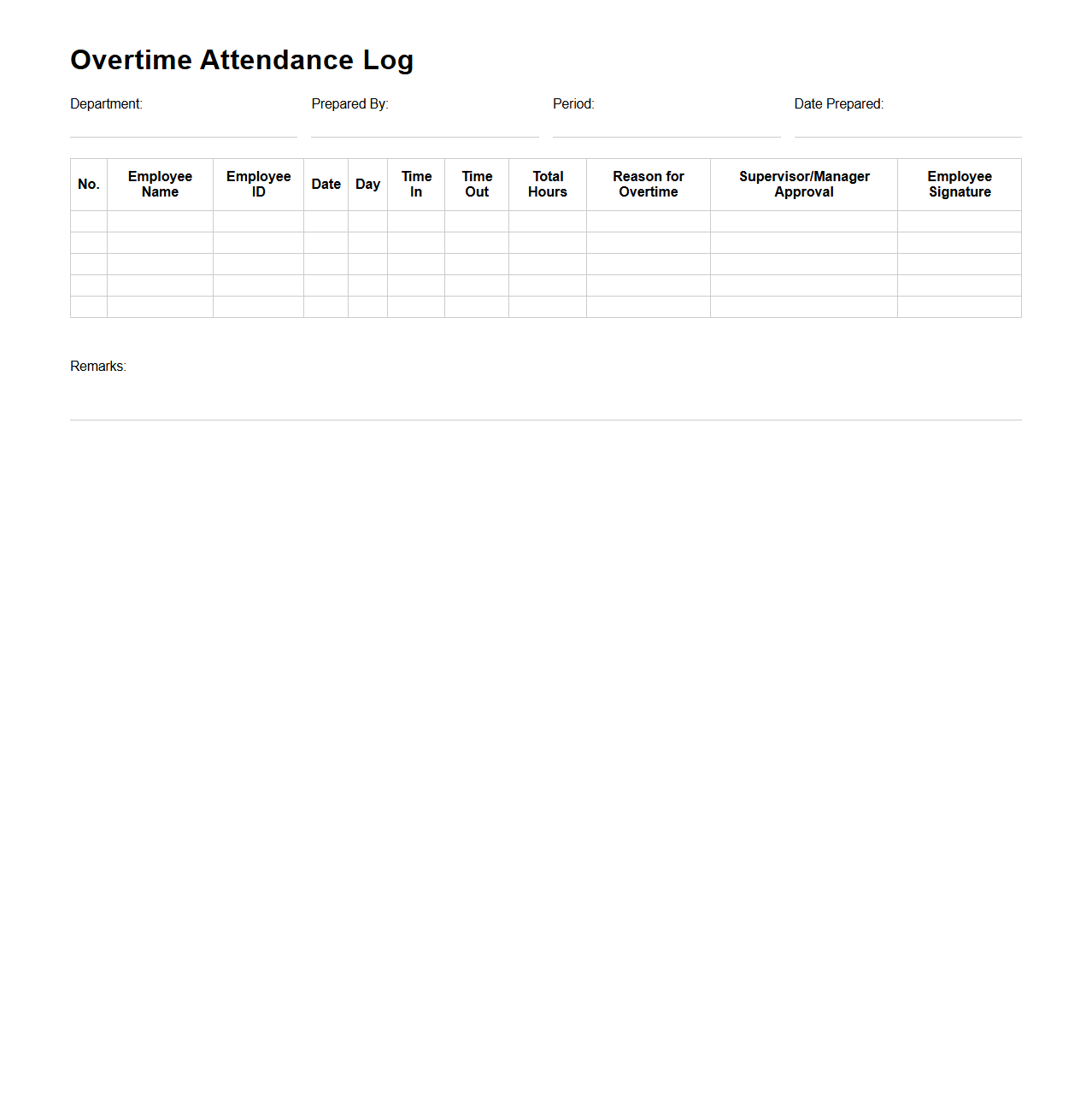 Overtime Attendance Log Template