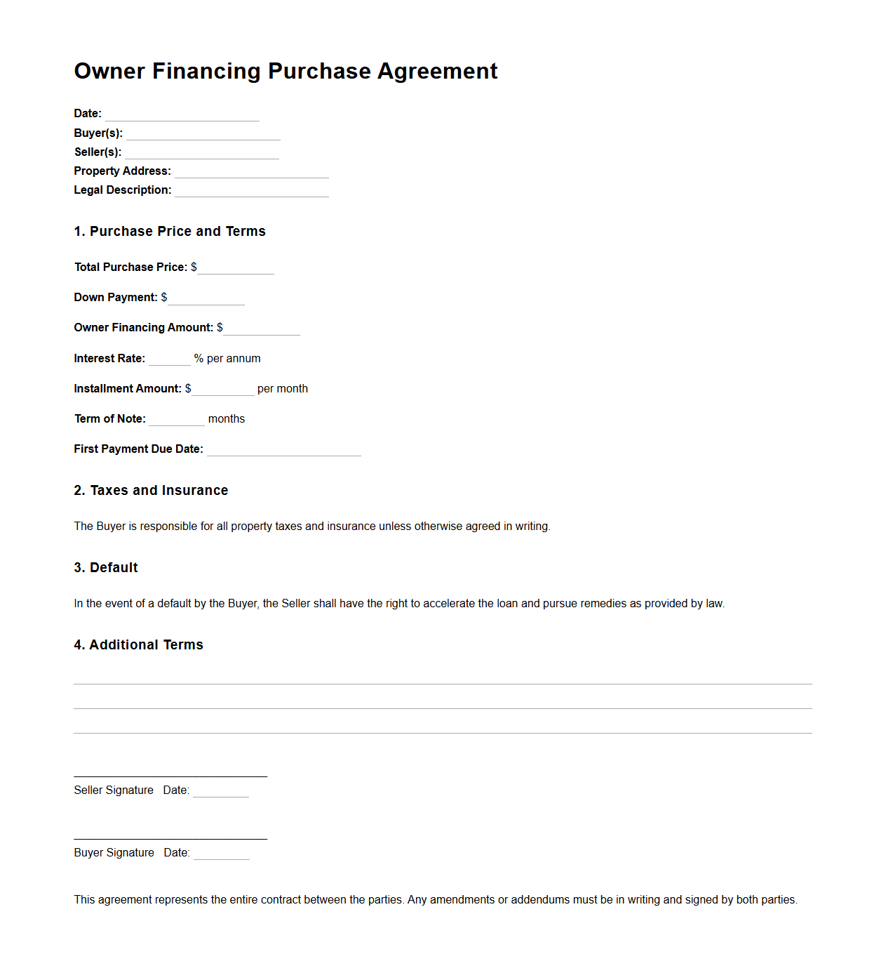 Owner Financing Purchase Agreement Template