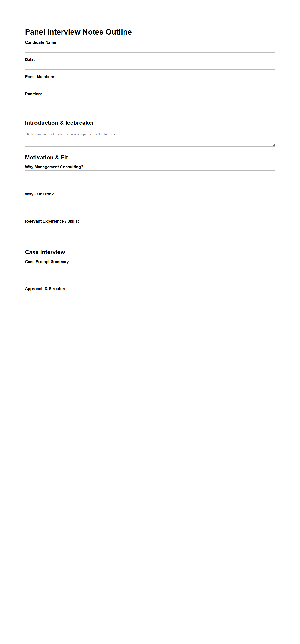 Panel Interview Notes Outline for Management Consulting