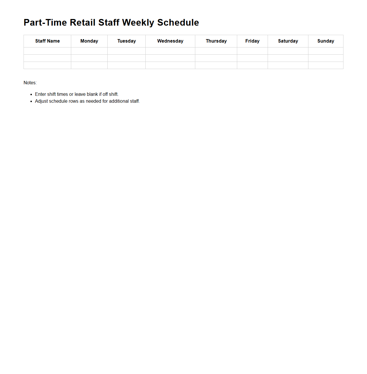Part-Time Retail Staff Weekly Schedule Template