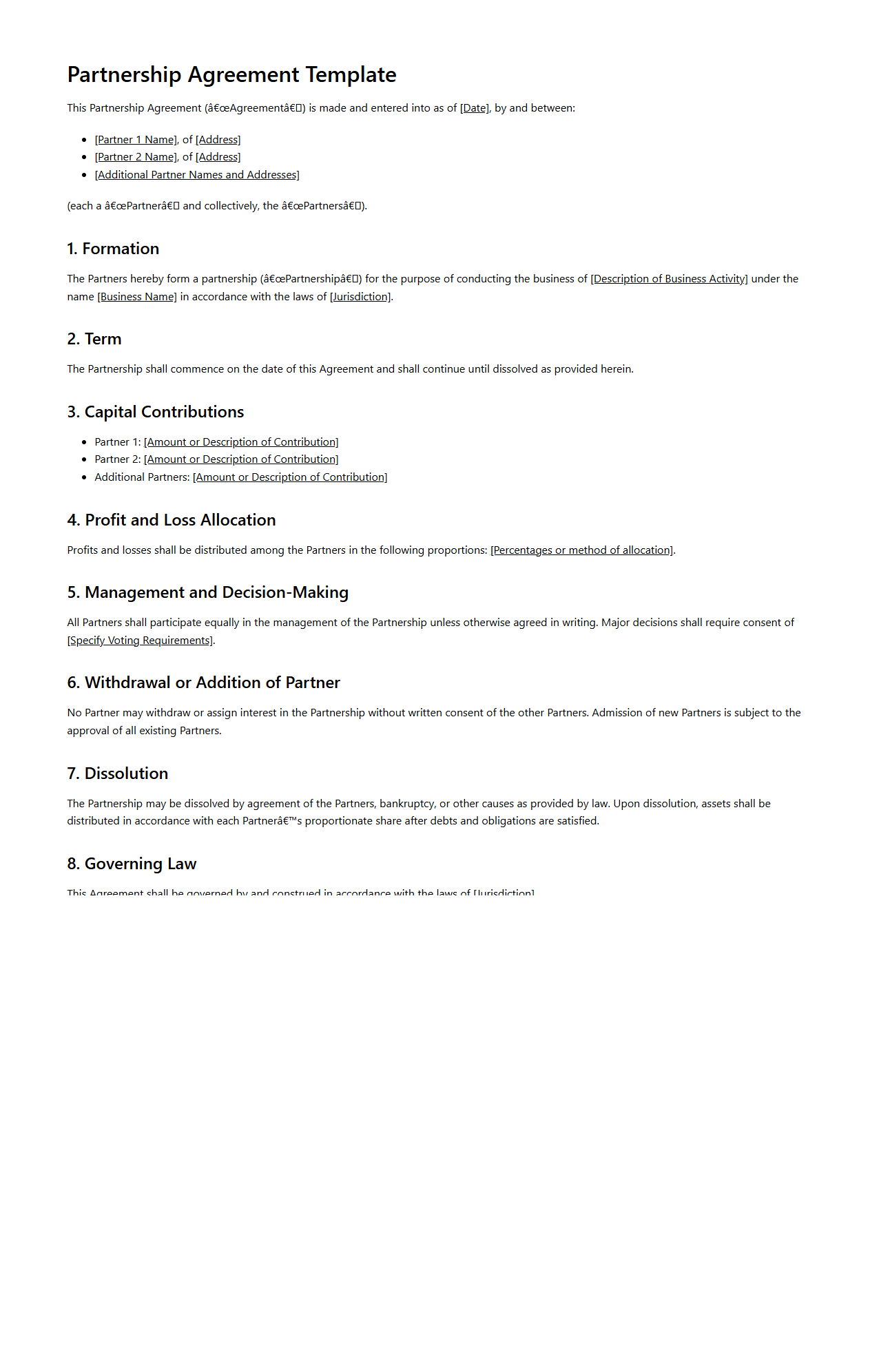 Partnership Agreement Template for Startup Ventures