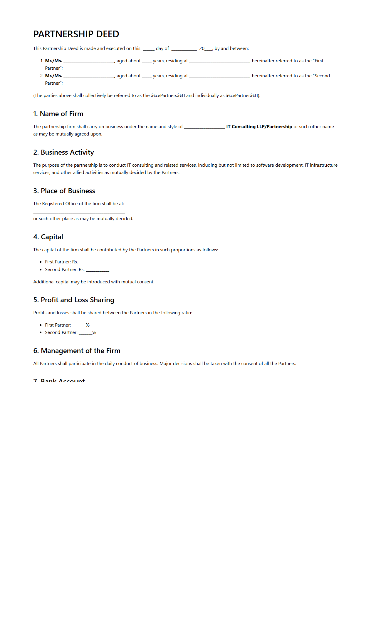 Partnership Deed for IT Consulting Firm
