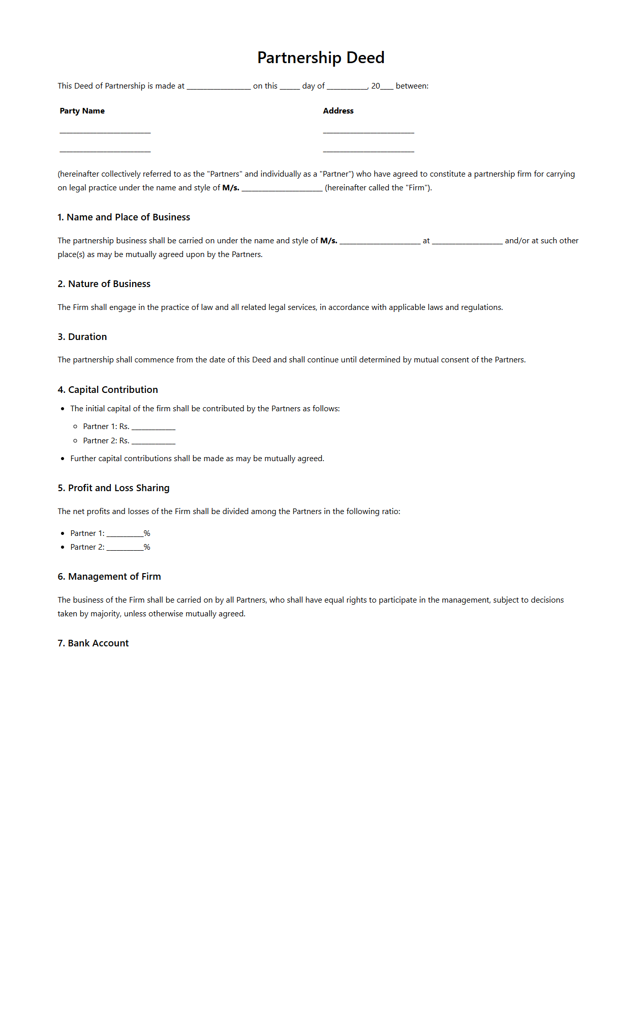 Partnership Deed for Law Firm