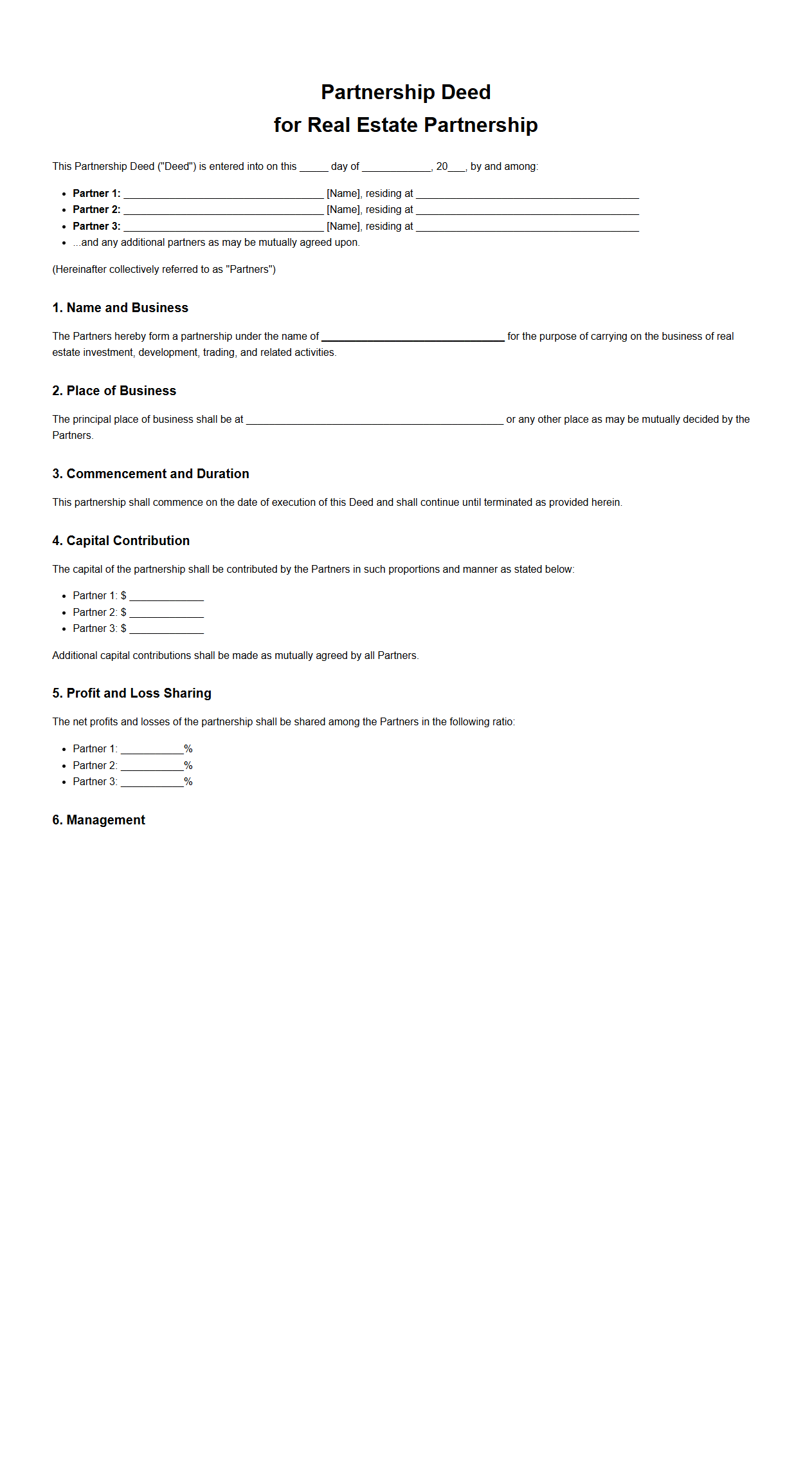 Partnership Deed for Real Estate Partnership