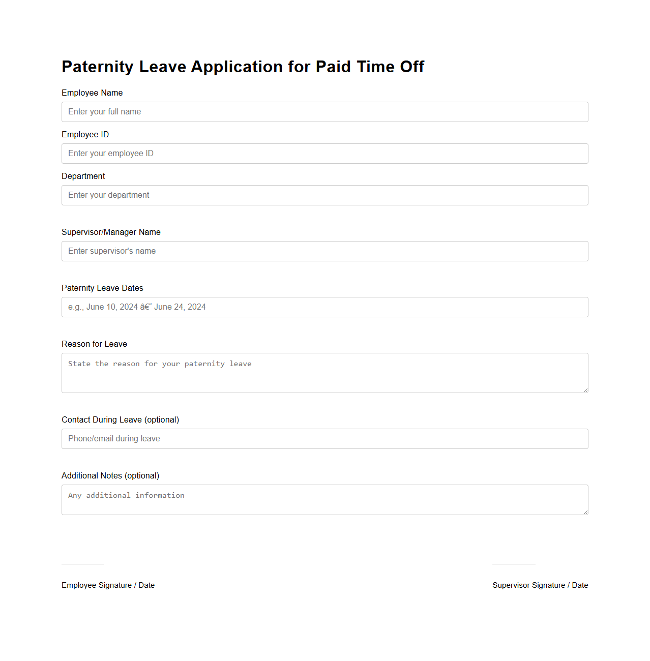 Paternity Leave Application for Paid Time Off