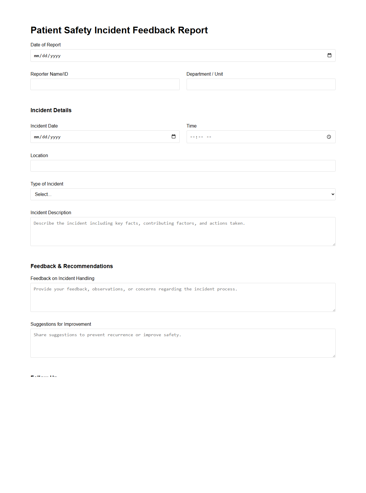 Patient Safety Incident Feedback Report