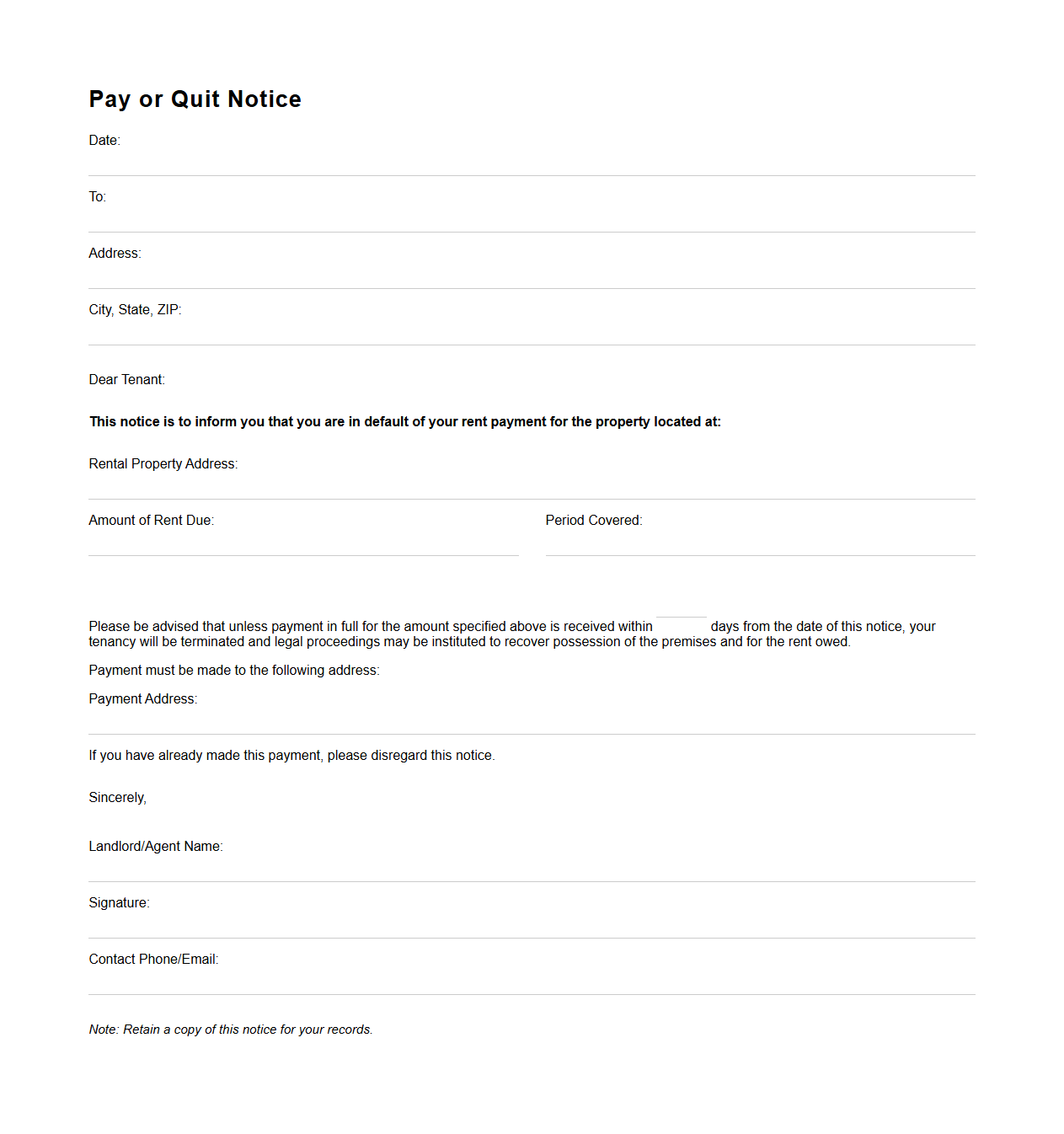 Pay or Quit Notice Example Letter