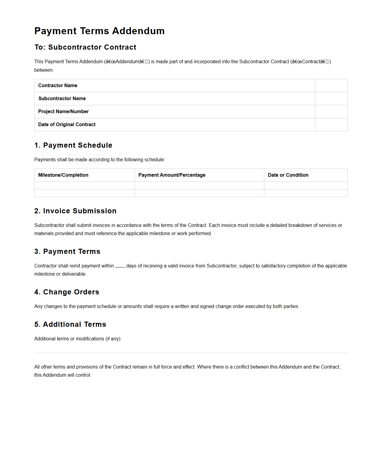 Payment Terms Addendum for Subcontractor Contracts