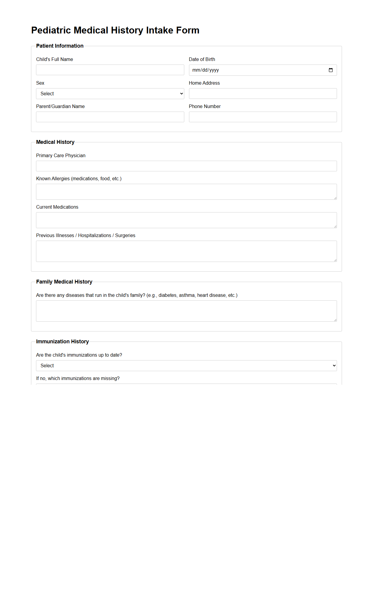 Pediatric Medical History Intake Form Sample