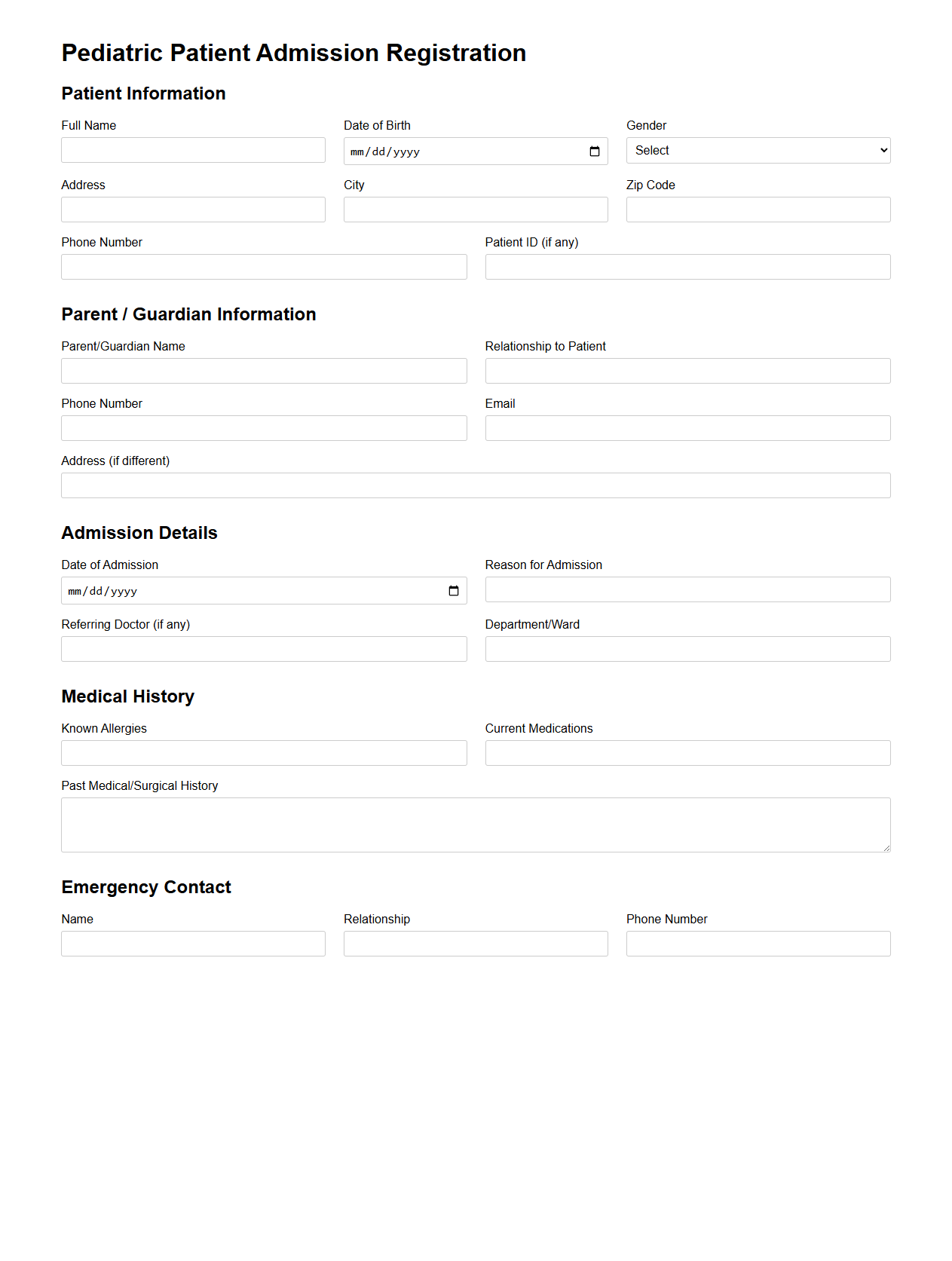 Pediatric Patient Admission Registration Document Sample