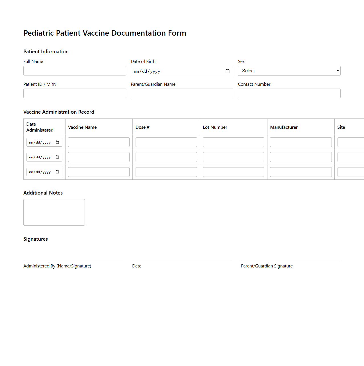 Pediatric Patient Vaccine Documentation Form
