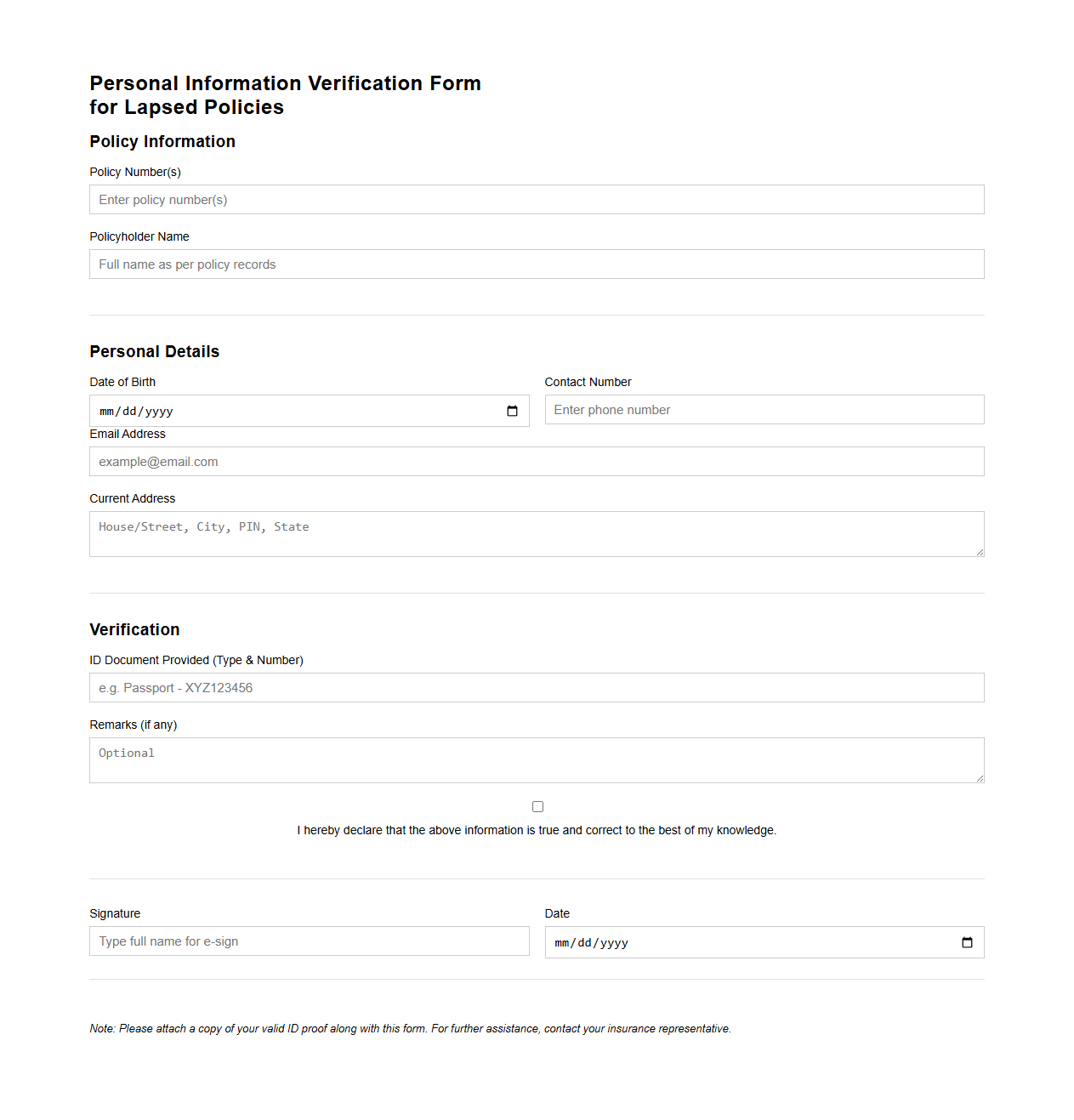 Personal Information Verification Form for Lapsed Policies