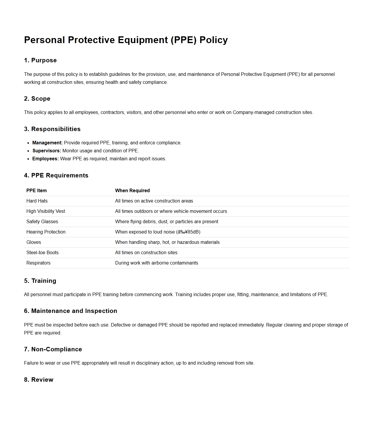 Personal Protective Equipment (PPE) Policy Document for Construction