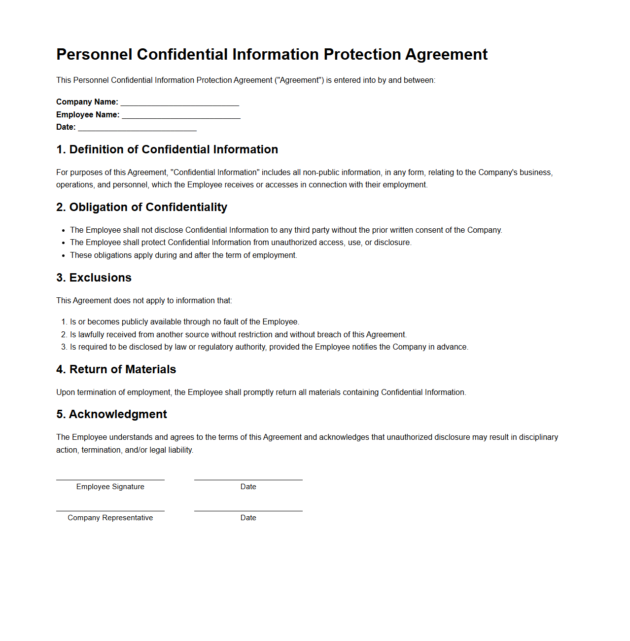 Personnel Confidential Information Protection Agreement