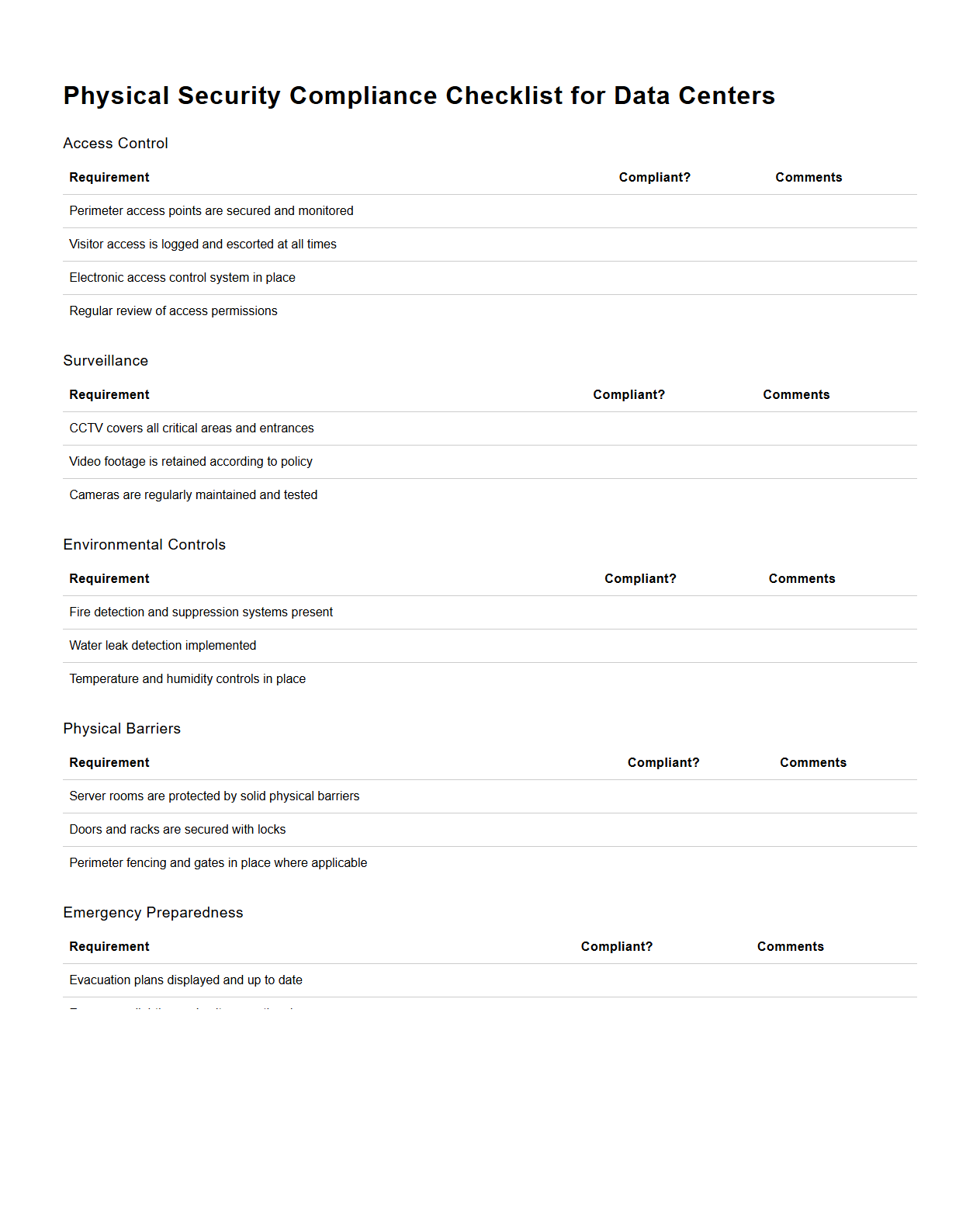 Physical Security Compliance Checklist for Data Centers