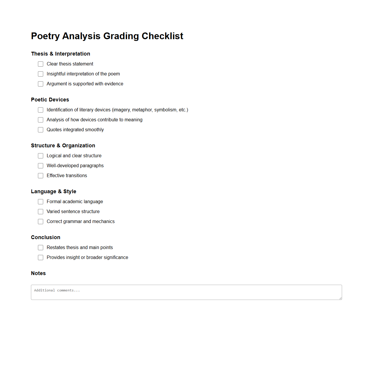 Poetry Analysis Grading Checklist