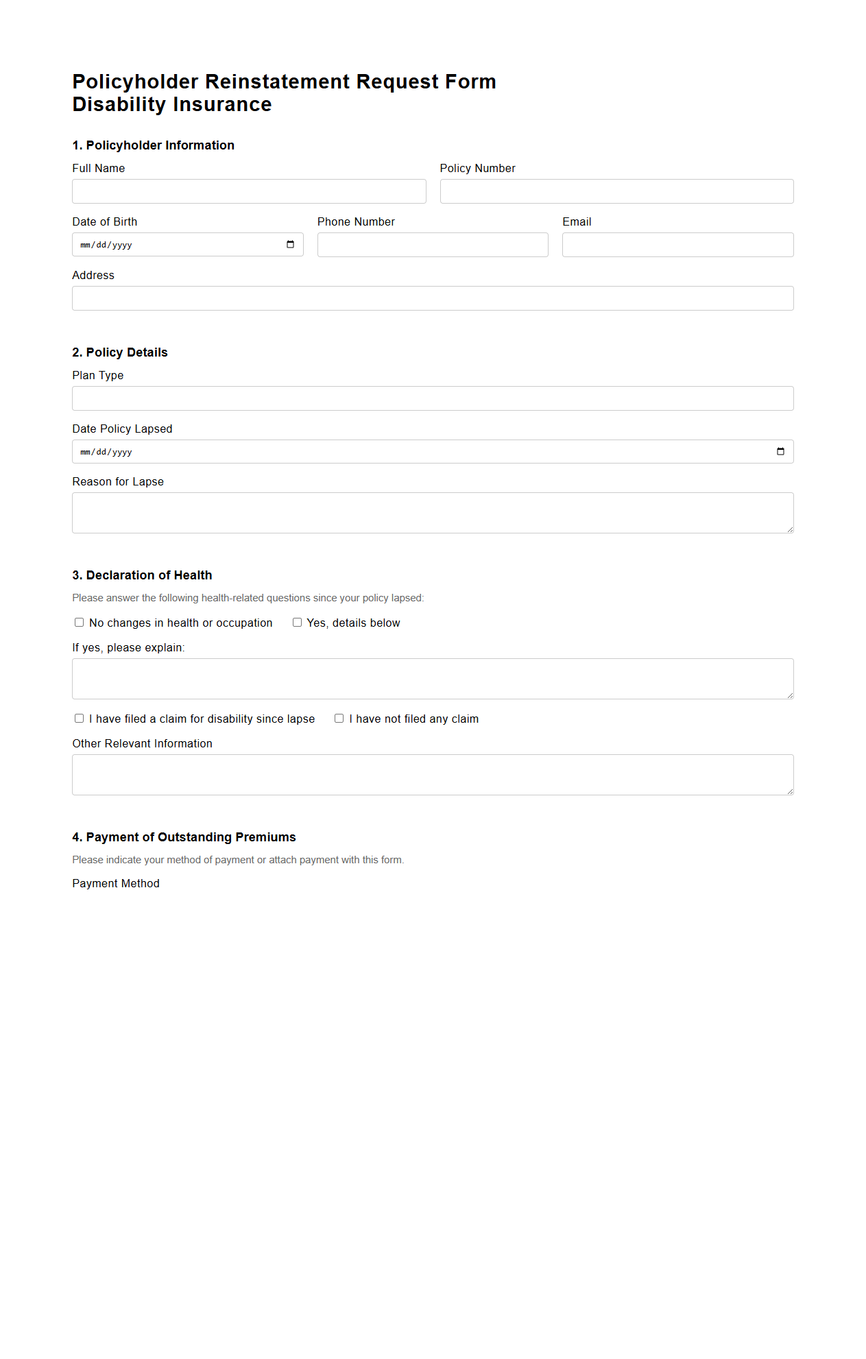 Policyholder Reinstatement Request Form for Disability Insurance
