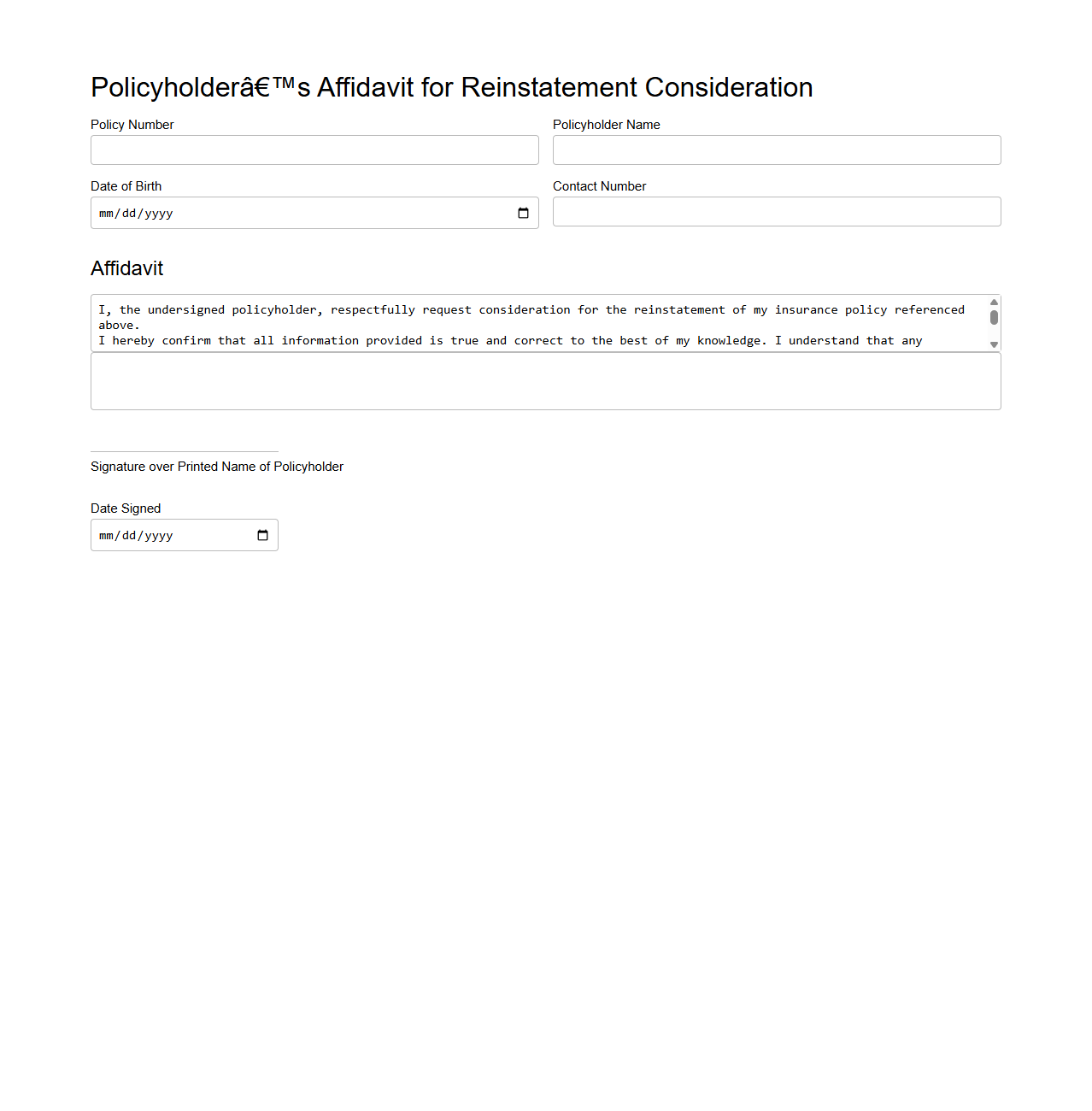 Policyholder’s Affidavit for Reinstatement Consideration