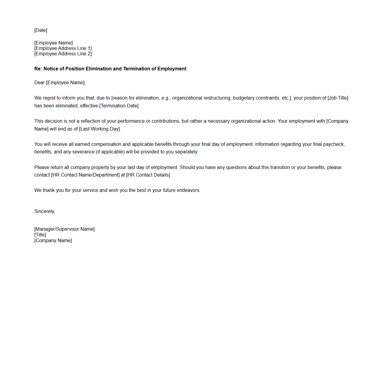 Position Elimination Termination Letter Sample