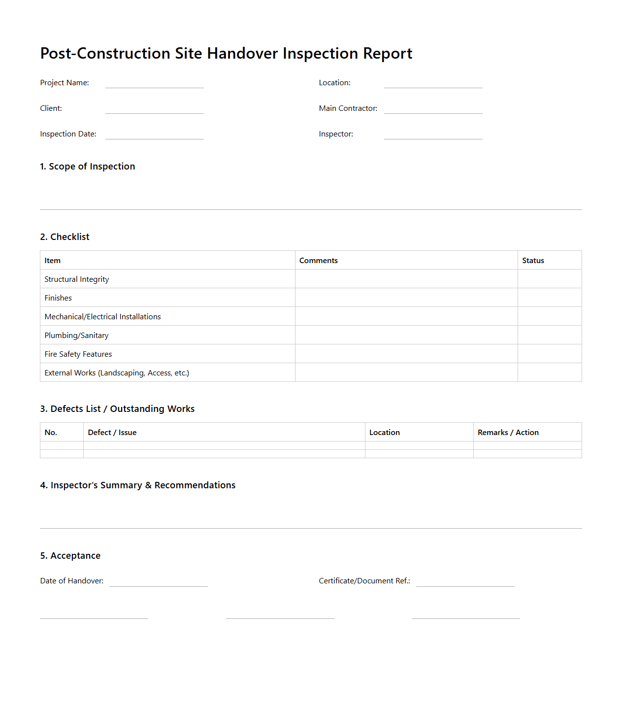 Post-Construction Site Handover Inspection Report