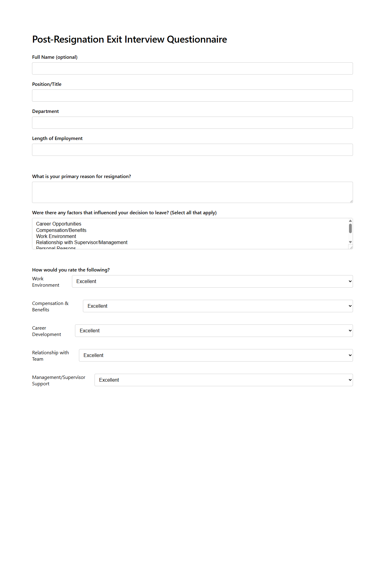 Post-Resignation Exit Interview Questionnaire