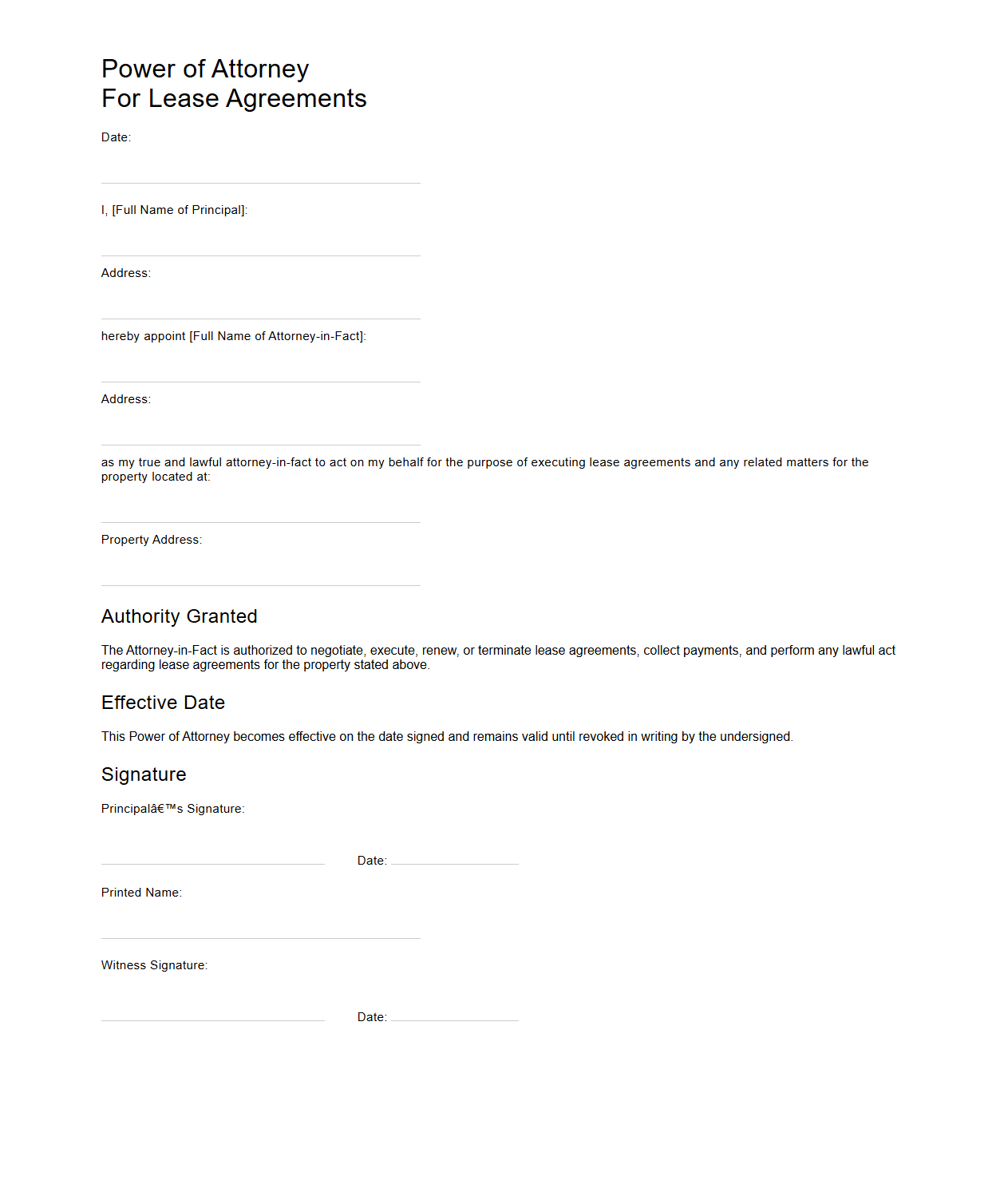 Power of Attorney Form for Lease Agreements