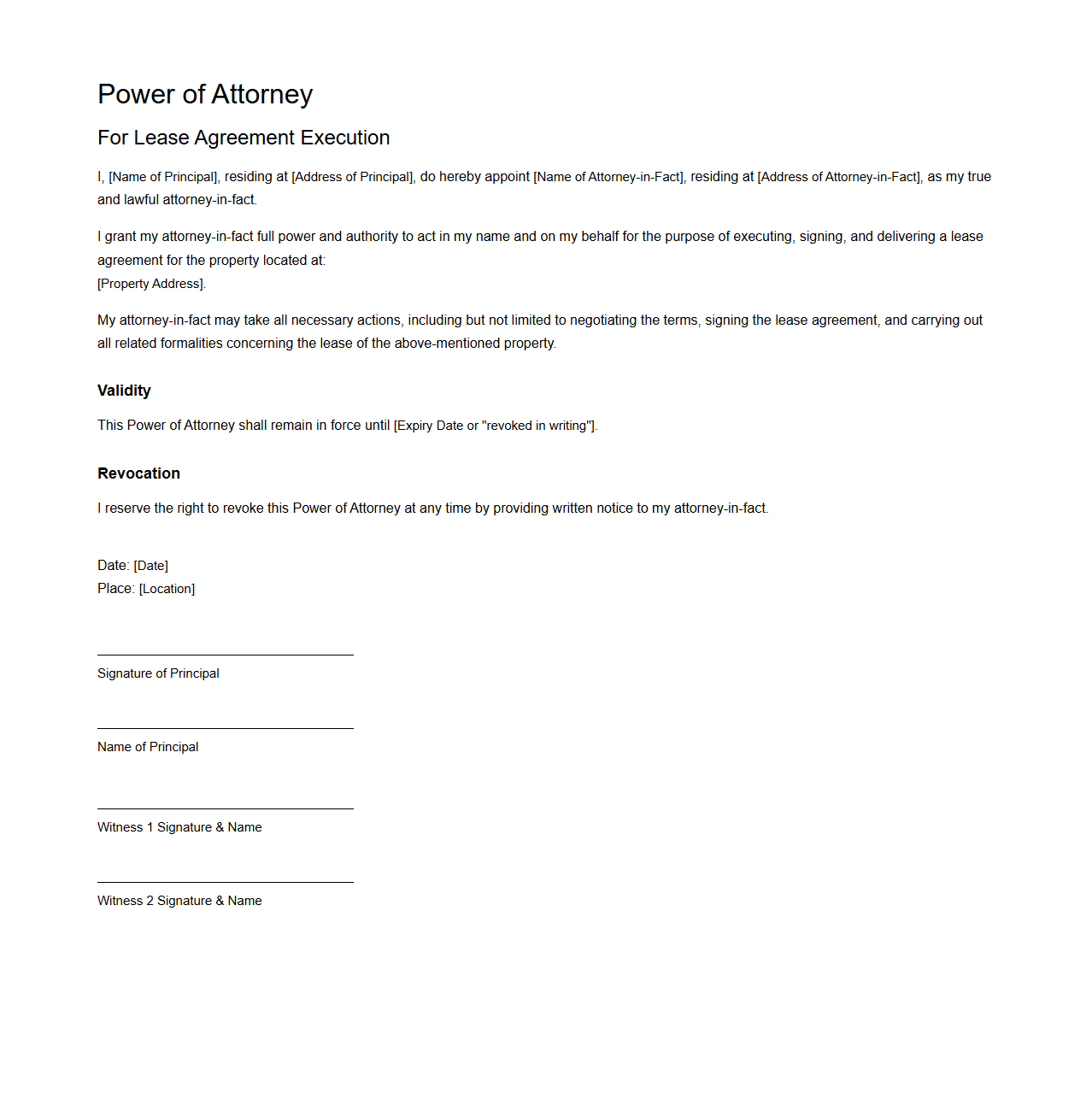 Power of Attorney for Lease Agreement Execution