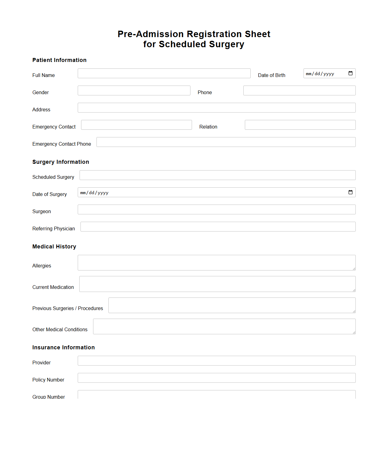Pre-Admission Registration Sheet for Scheduled Surgery