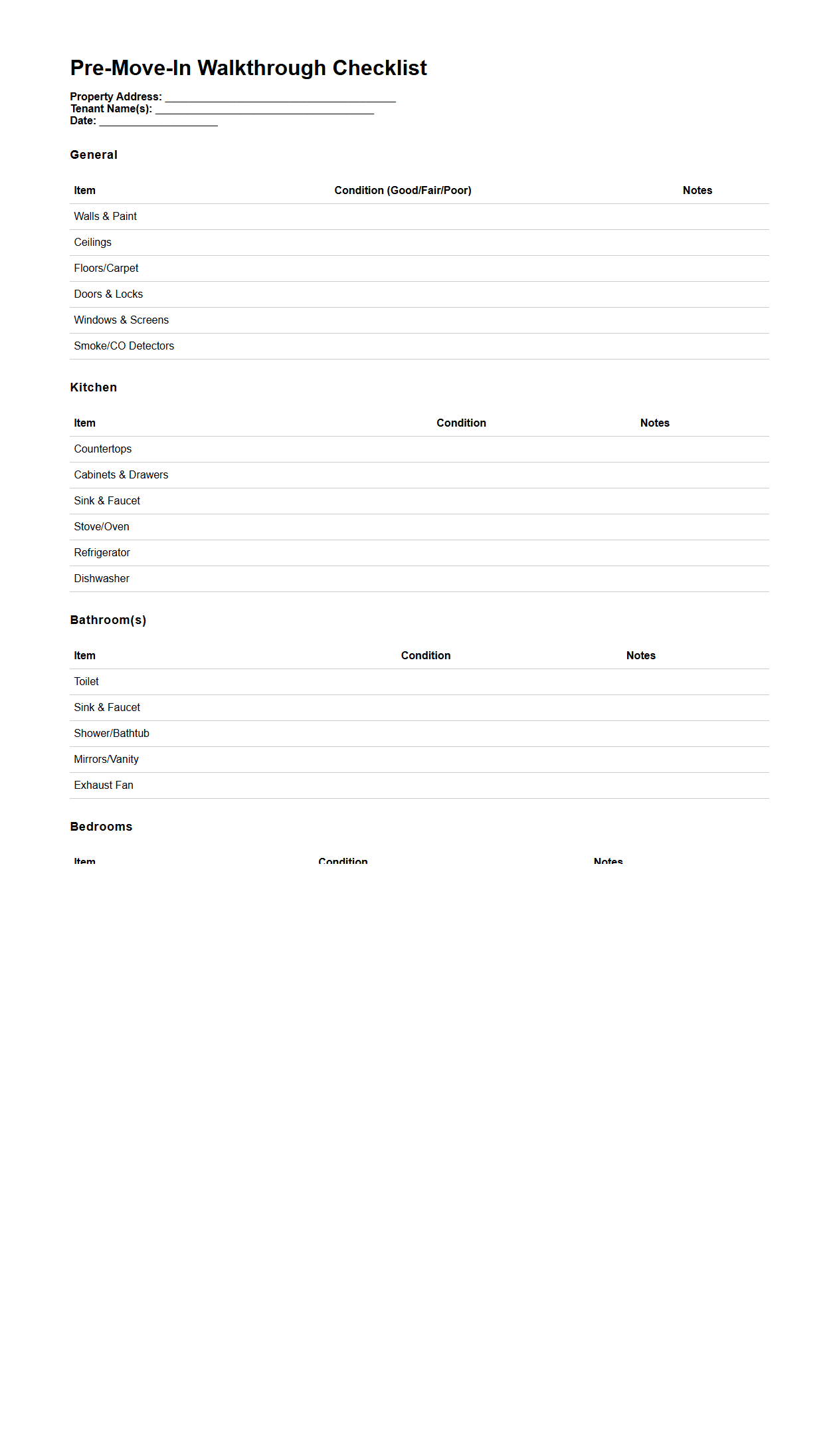 Pre-Move-In Walkthrough Checklist Sample