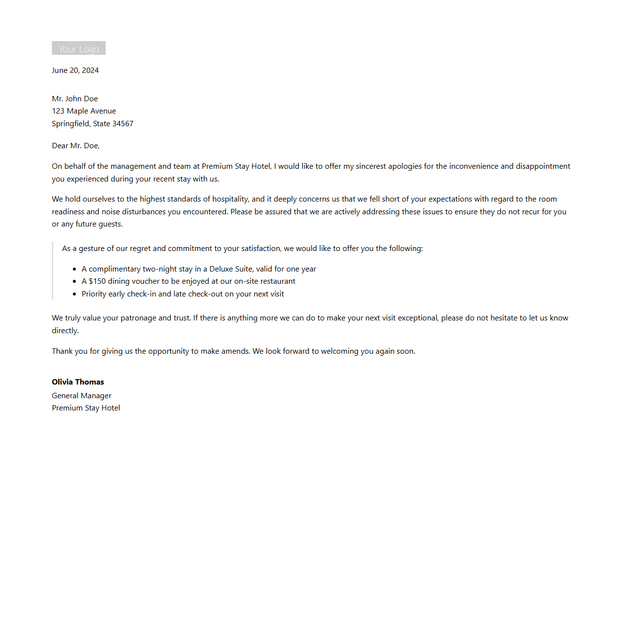 Premium Hospitality Apology and Compensation Letter Sample