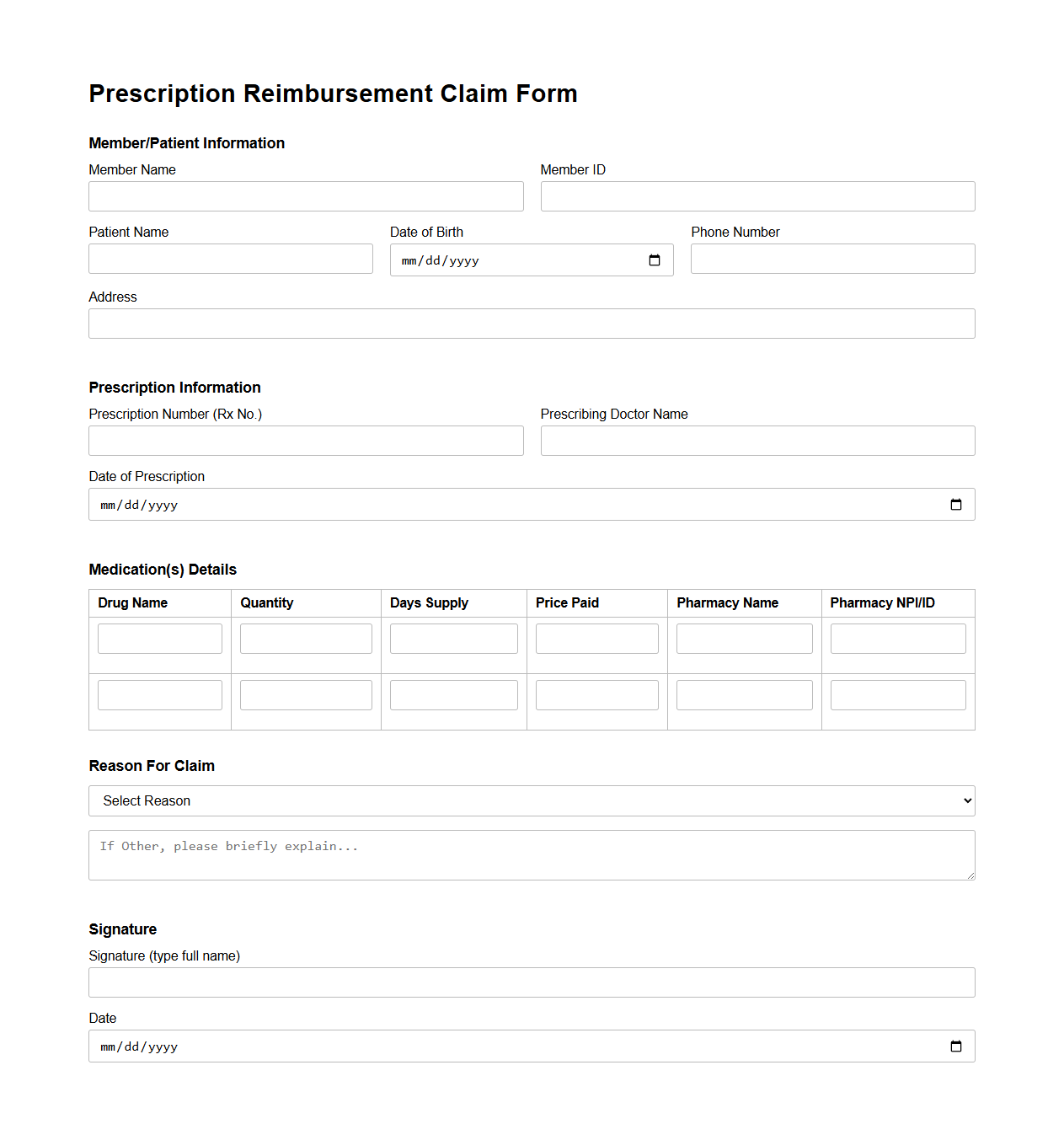 Prescription Reimbursement Claim Form Example