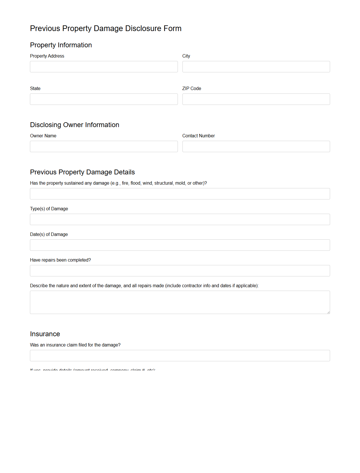 Previous Property Damage Disclosure Form Example