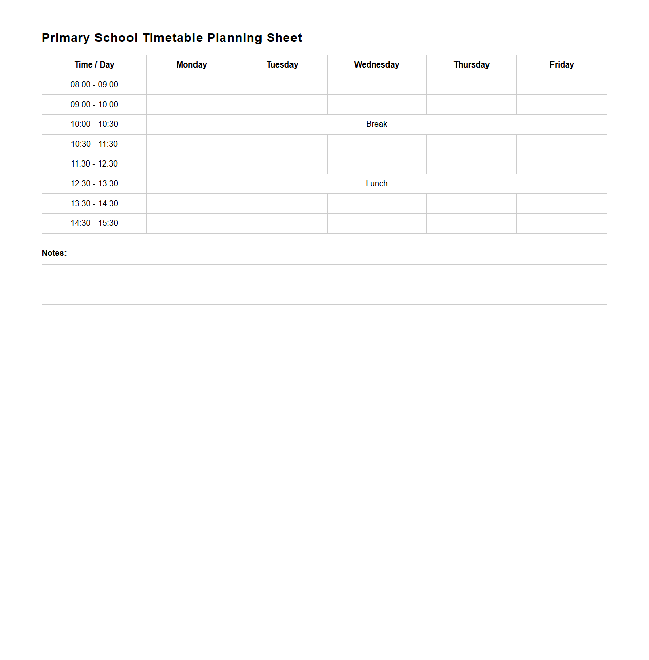 Primary School Timetable Planning Sheet
