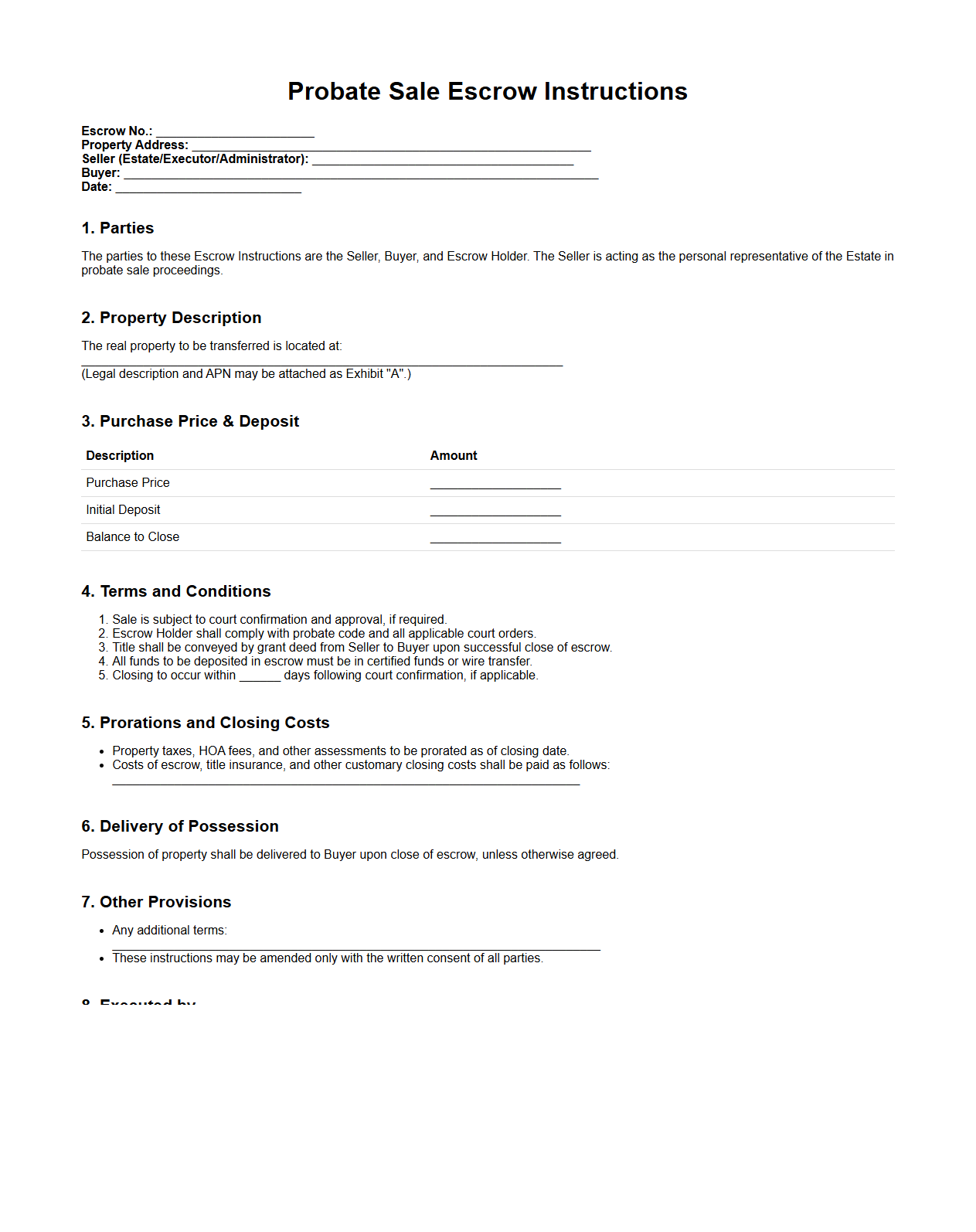 Probate Sale Escrow Instructions Document