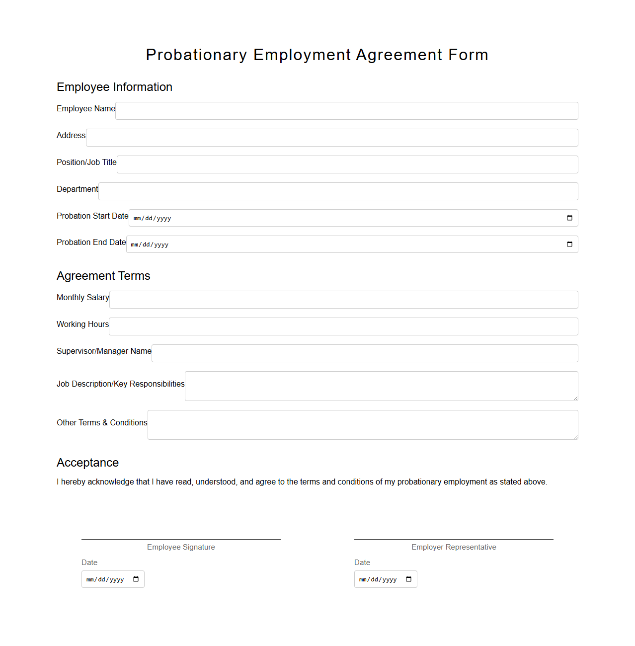 Probationary Employment Agreement Form