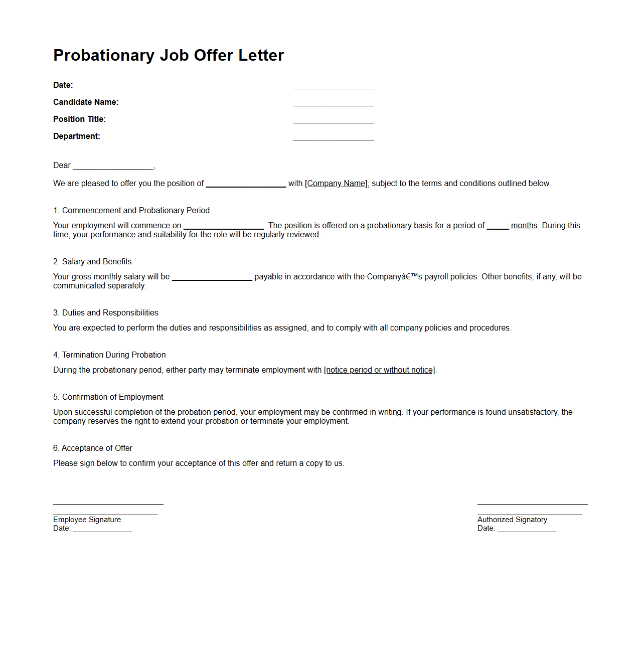 Probationary Job Offer Document Example