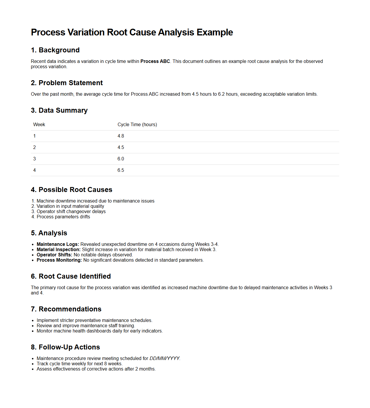 Process Variation Root Cause Analysis Example