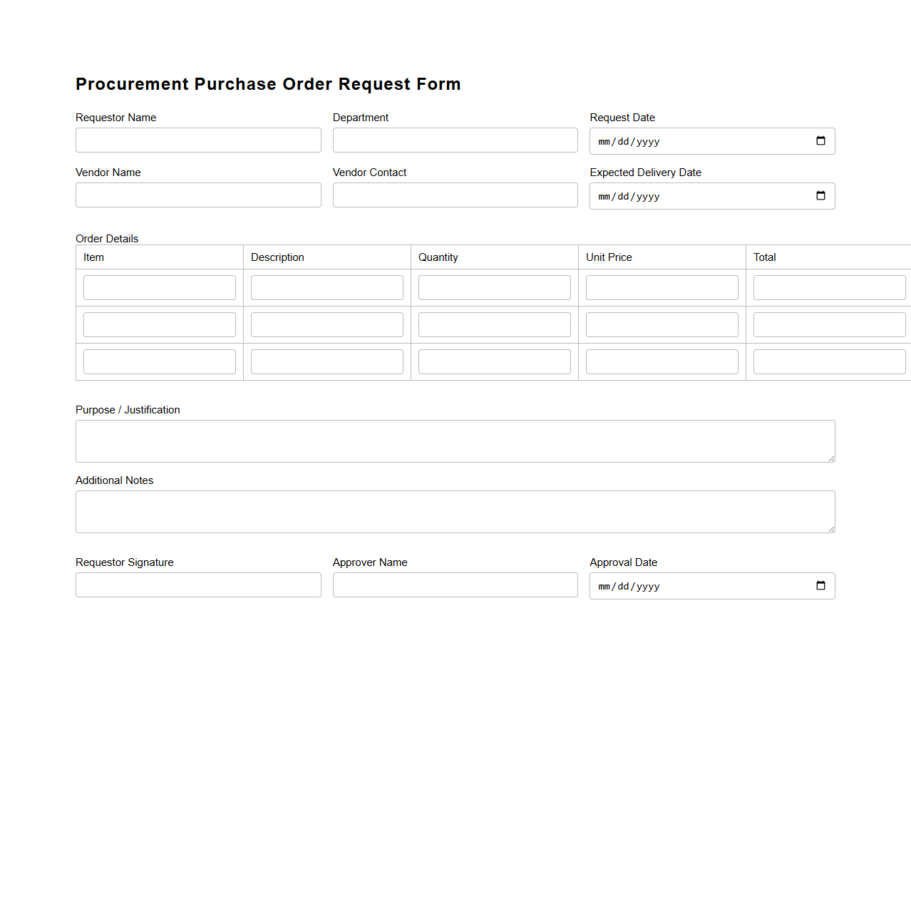 Procurement Purchase Order Request Form