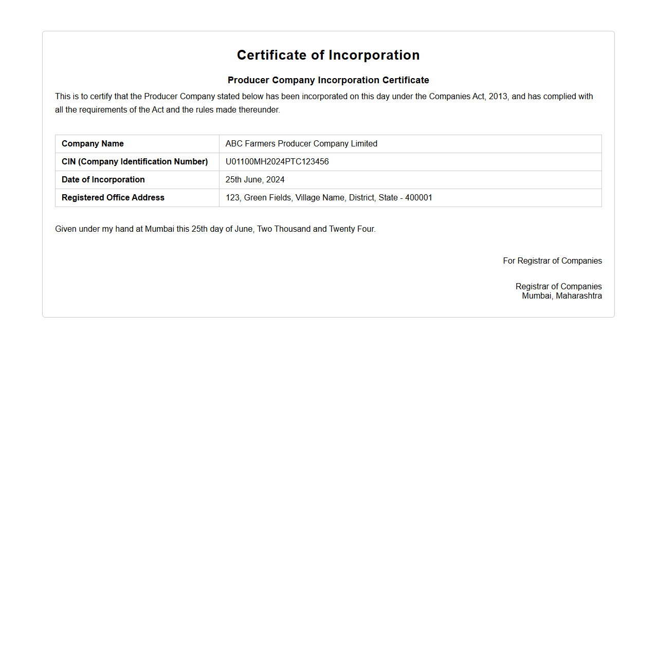 Producer Company Incorporation Certificate Example