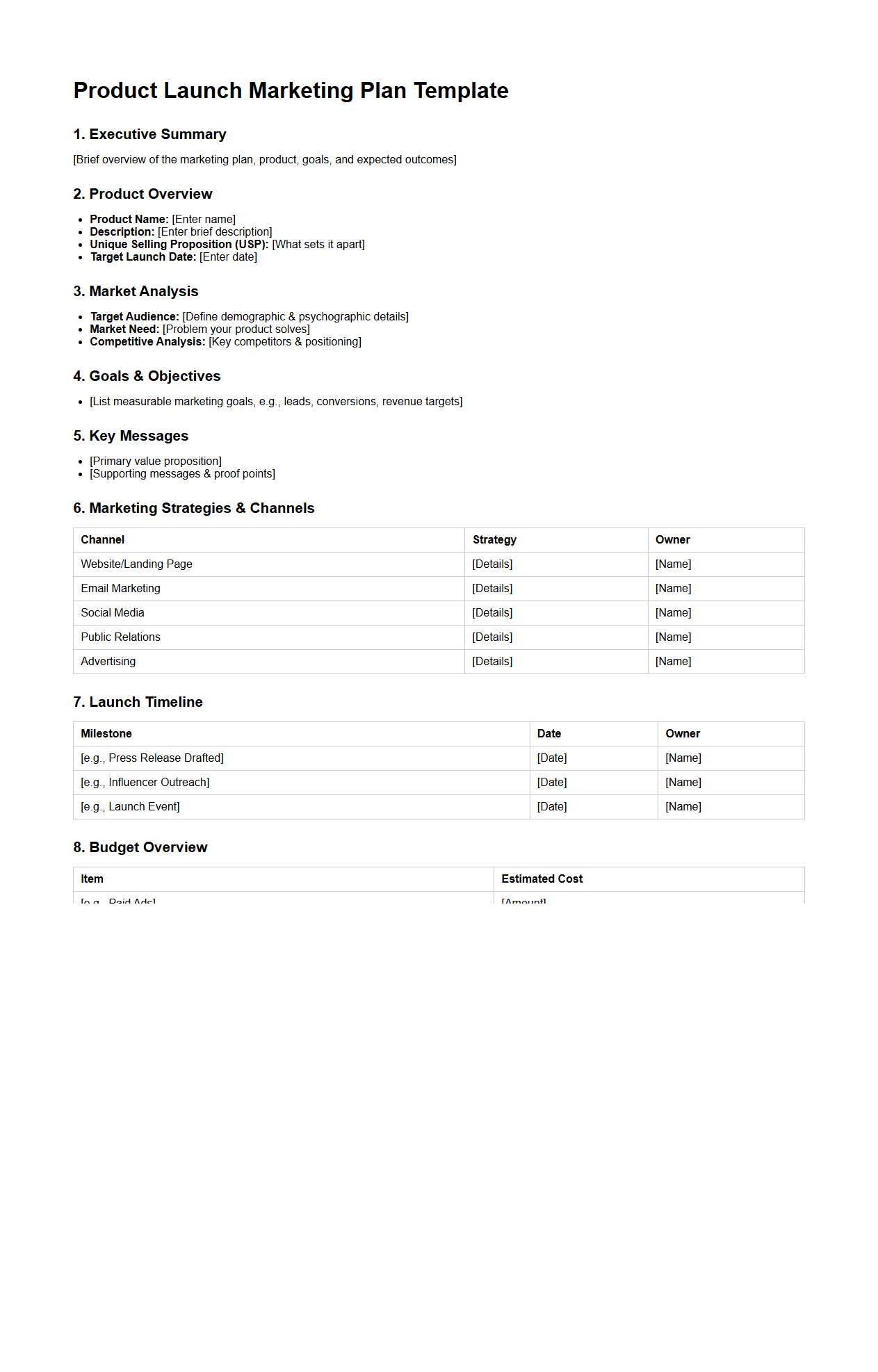 Product Launch Marketing Plan Template