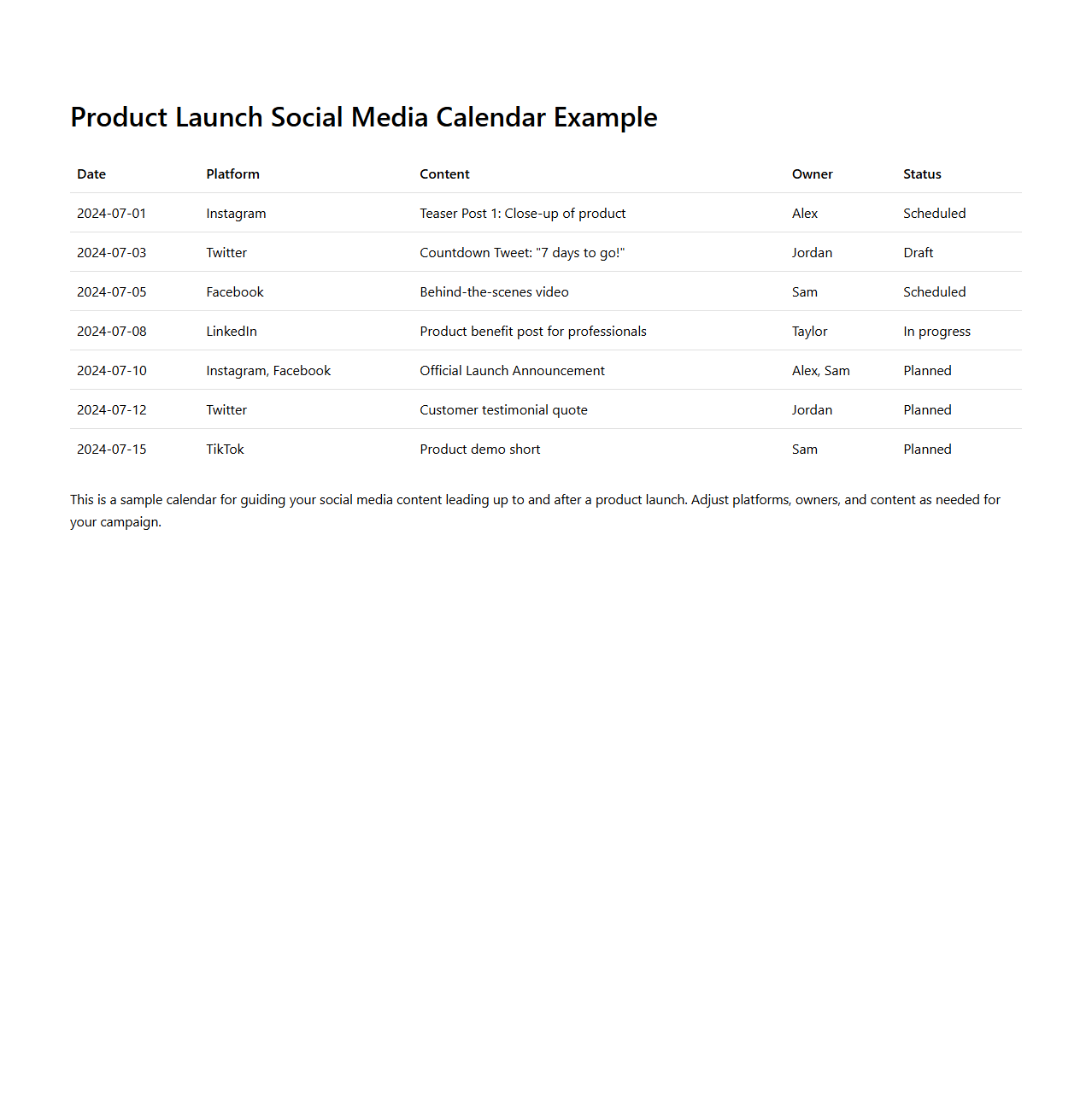 Product Launch Social Media Calendar Example