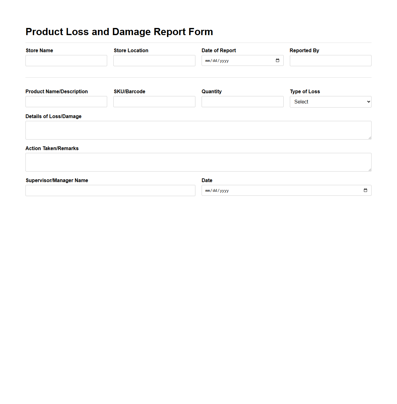 Product Loss and Damage Report Form for Retail