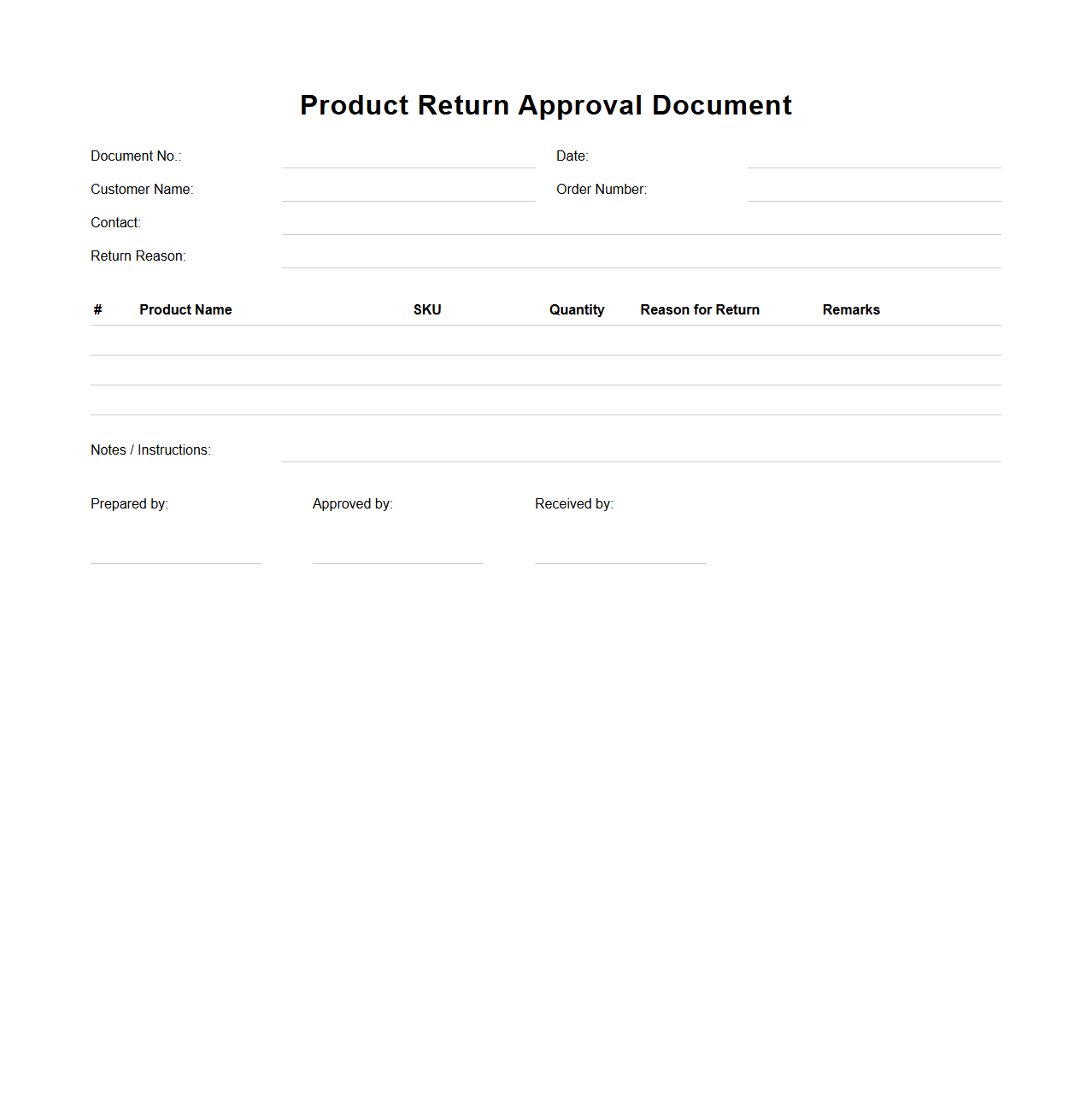 Product Return Approval Document