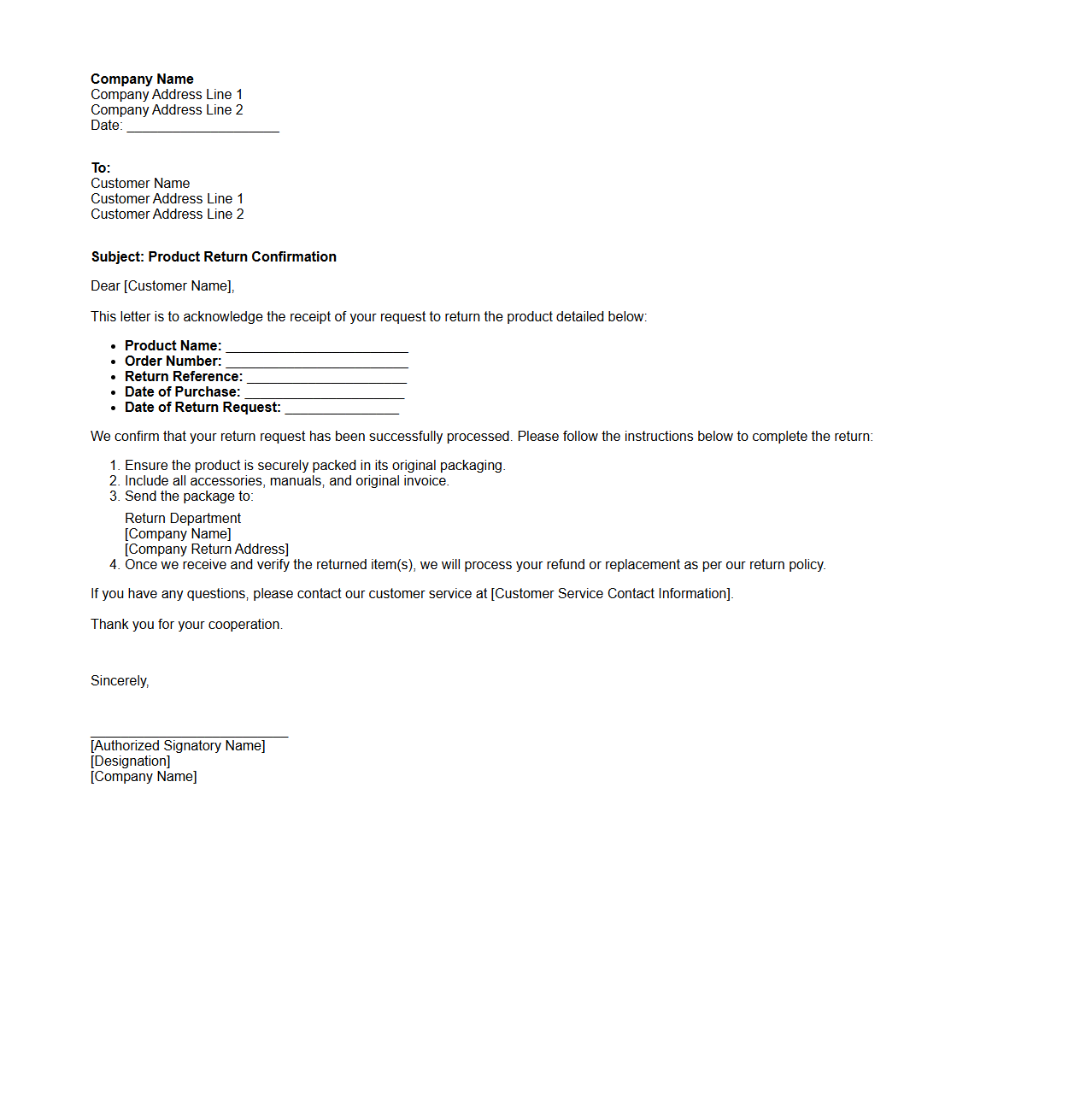 Product Return Confirmation Letter Format