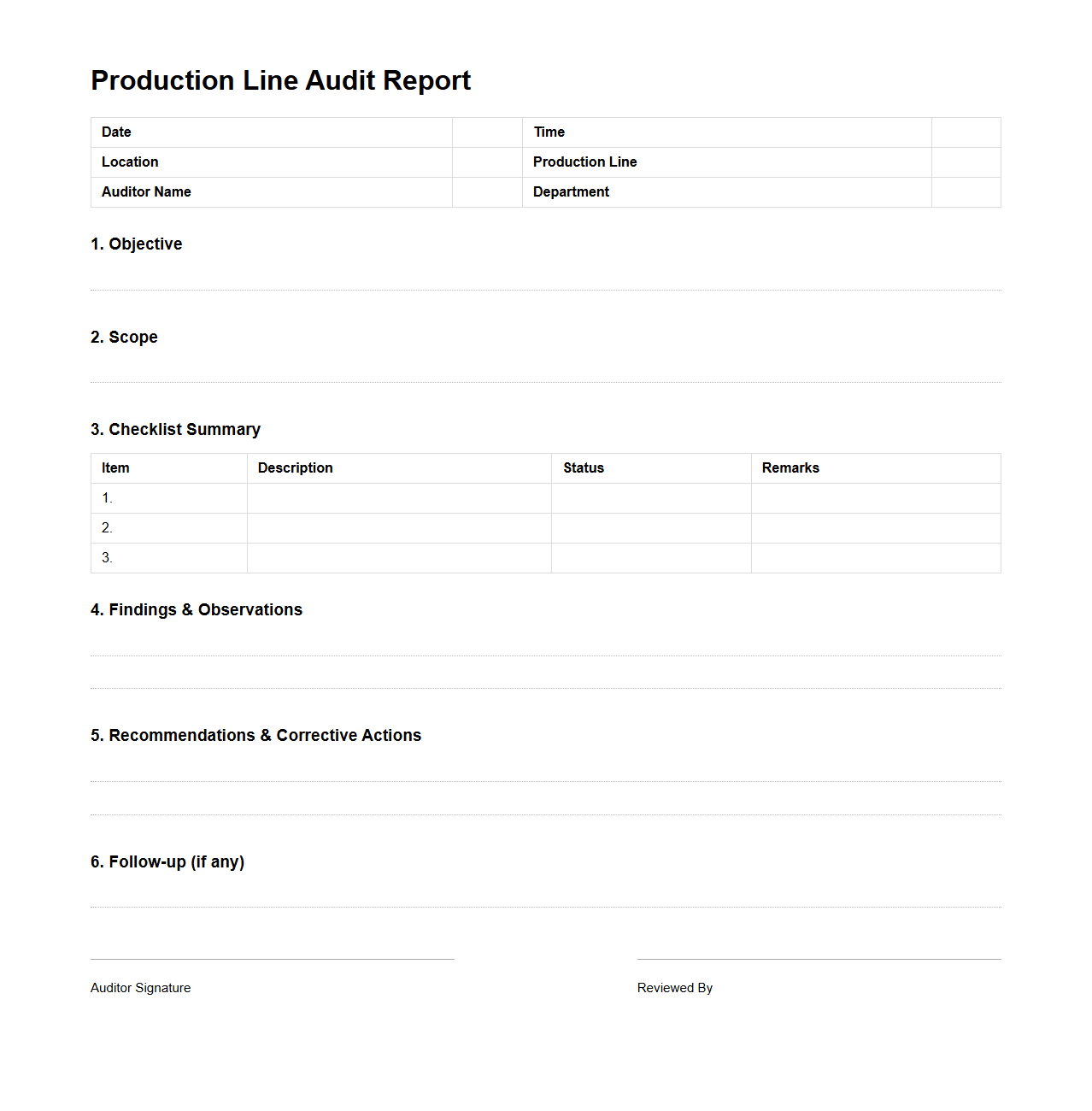 Production Line Audit Report Format