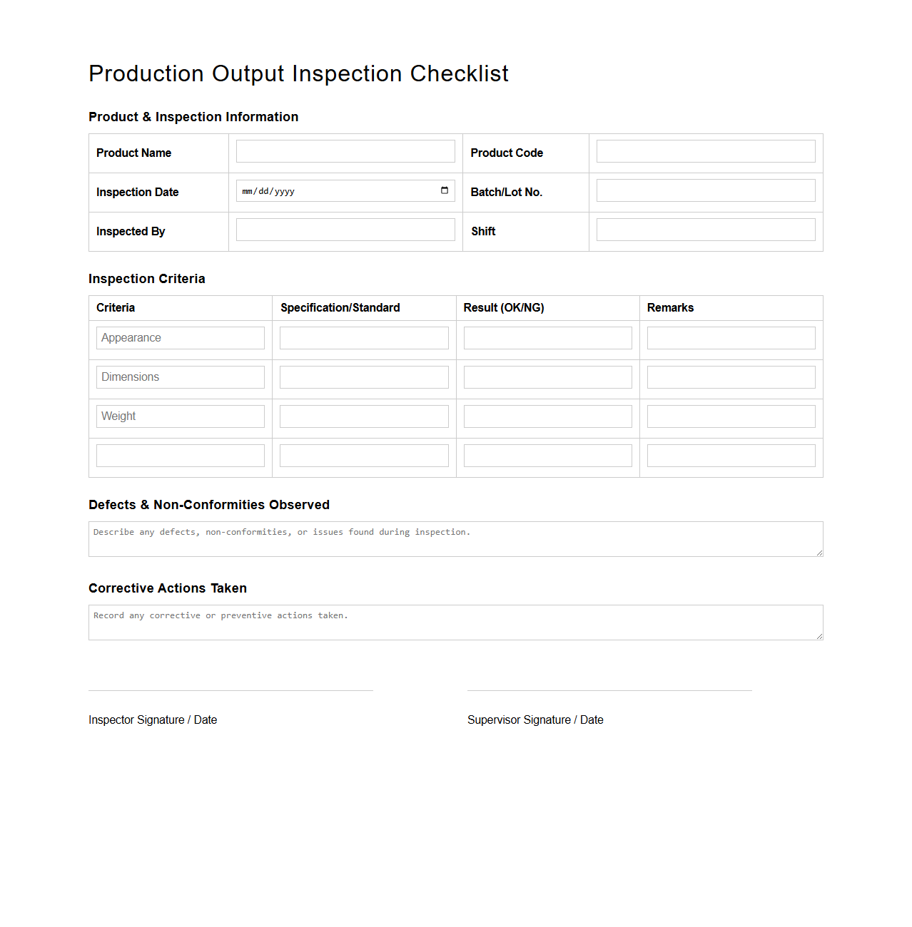 Production Output Inspection Checklist