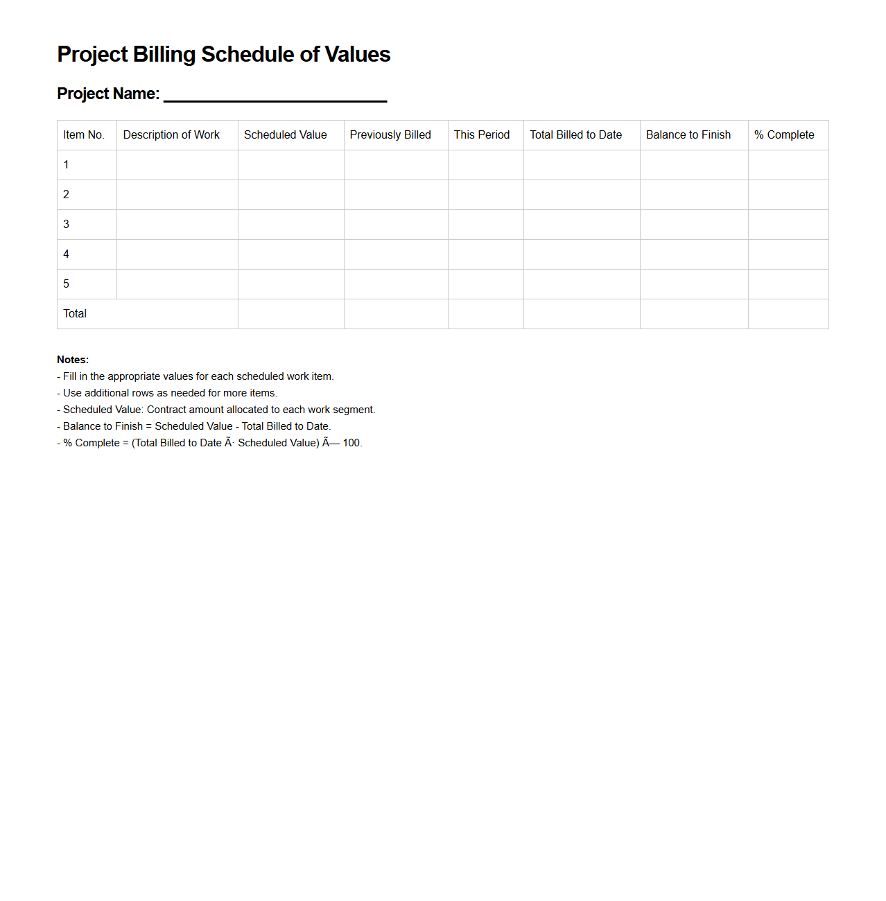 Project Billing Schedule of Values Example