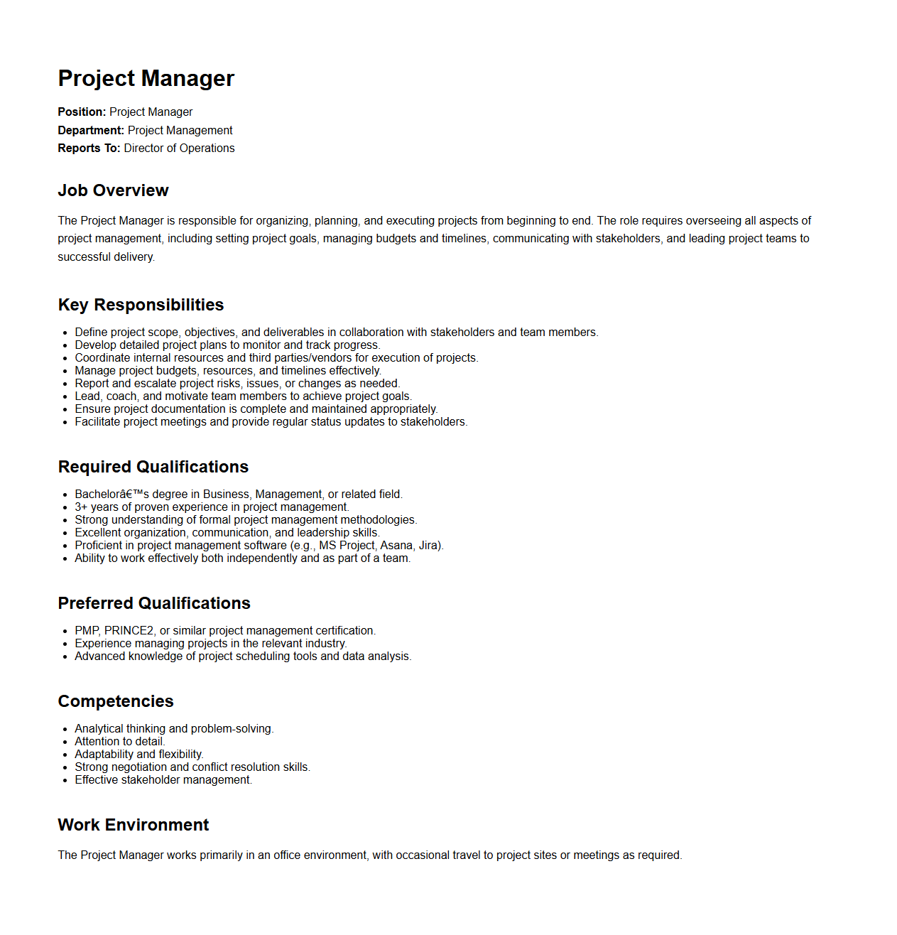 Project Manager Detailed Job Description